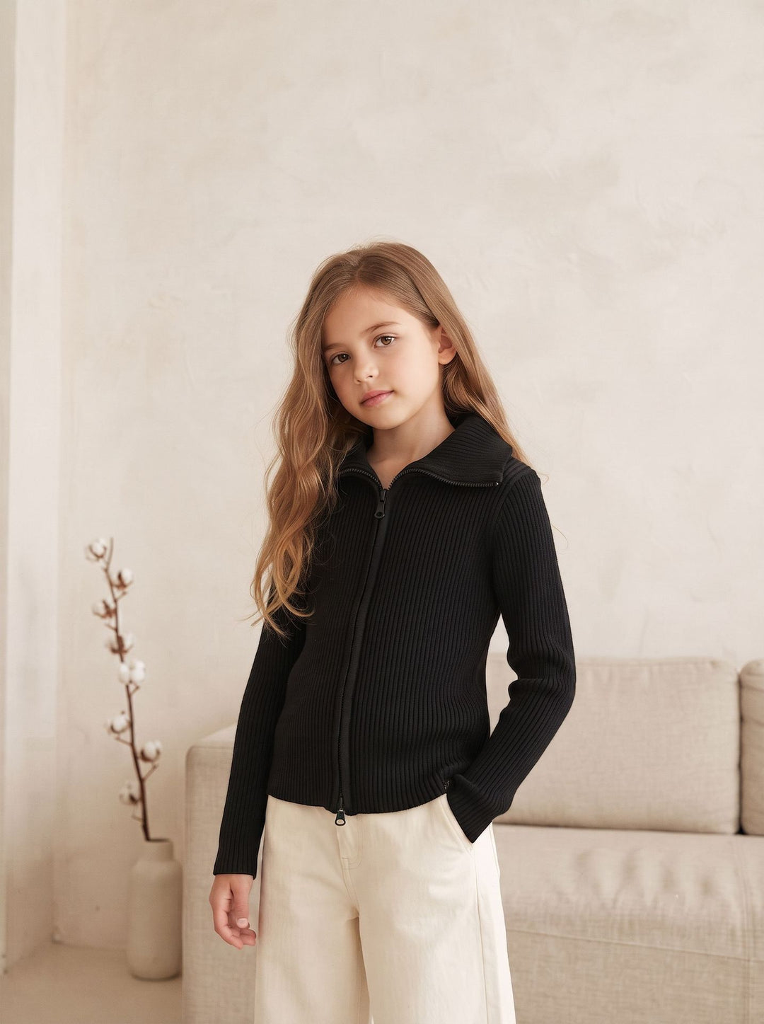 Girls' Ribbed Zipper Knit Cardigan Sweater Coat