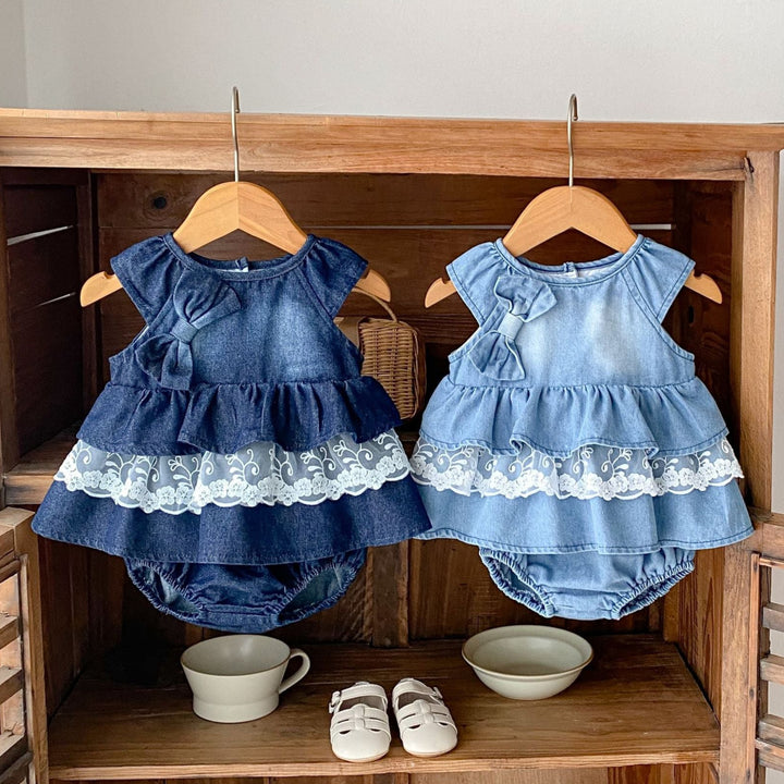 Baby denim lace splicing top&bubble short 2pcs set