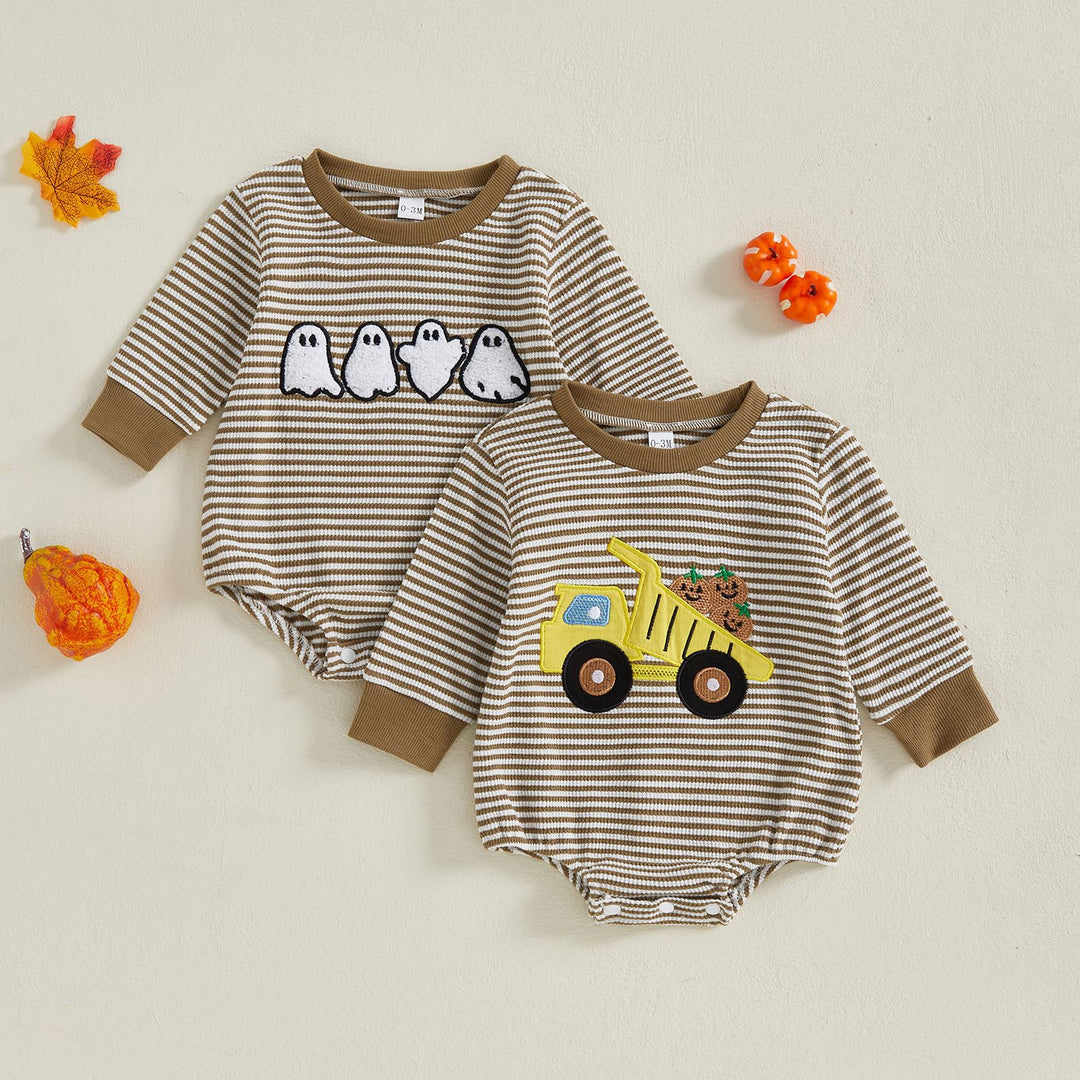 Baby waffle Halloween ghost embroidery sibling romper