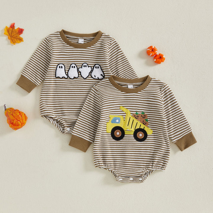 Baby waffle Halloween ghost embroidery sibling romper
