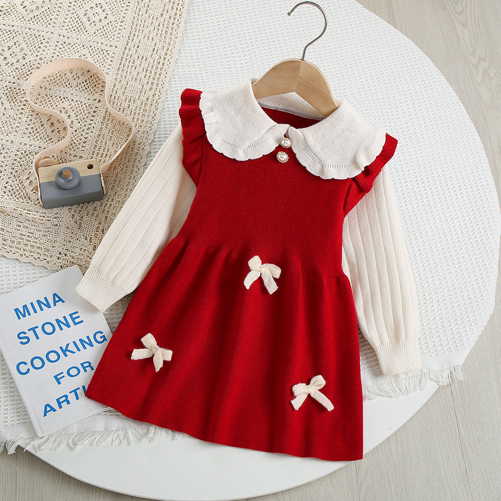 Sweet pink bowknot knitted sweater dress for girls