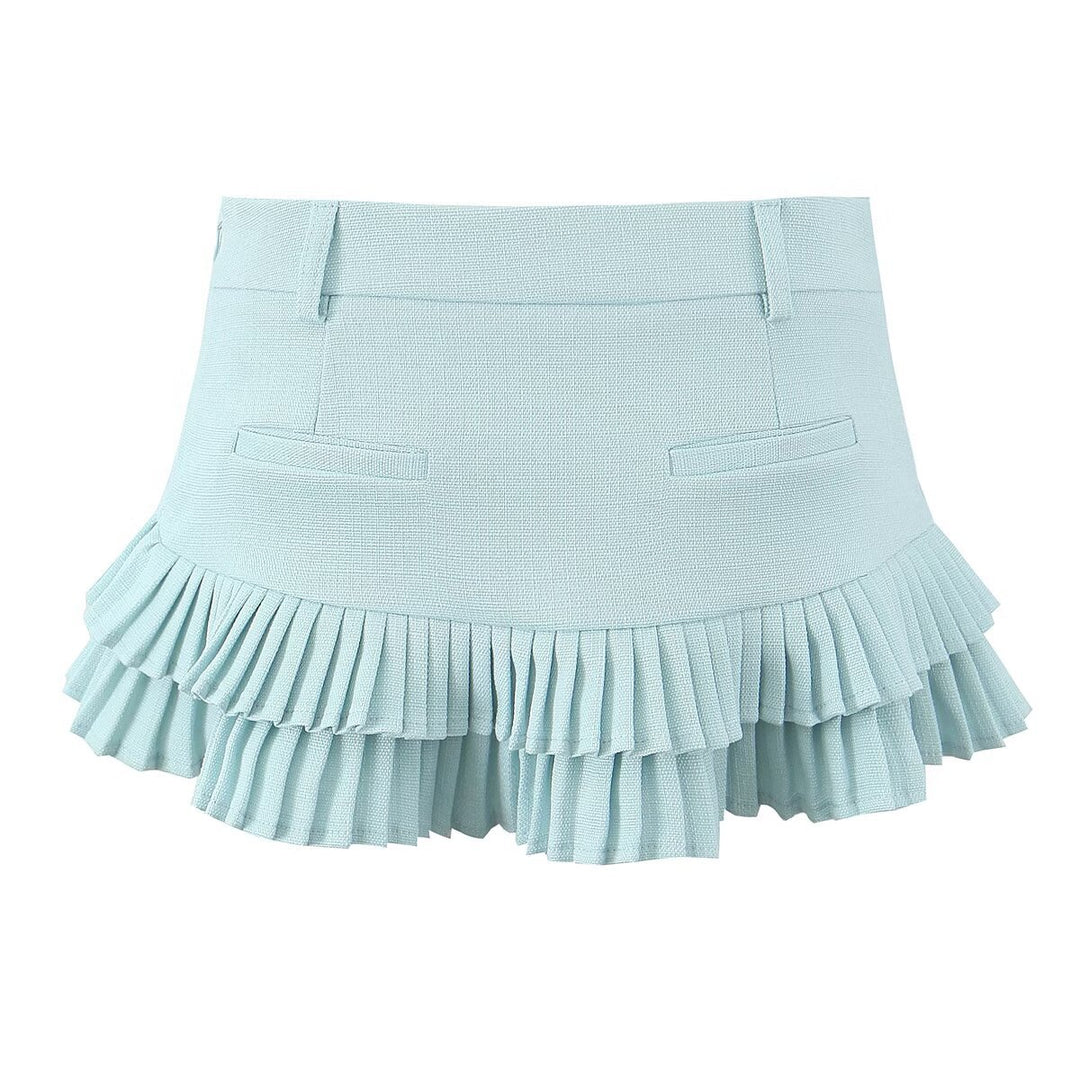 Striped short-sleeved shirt&low-waist pleated skirt