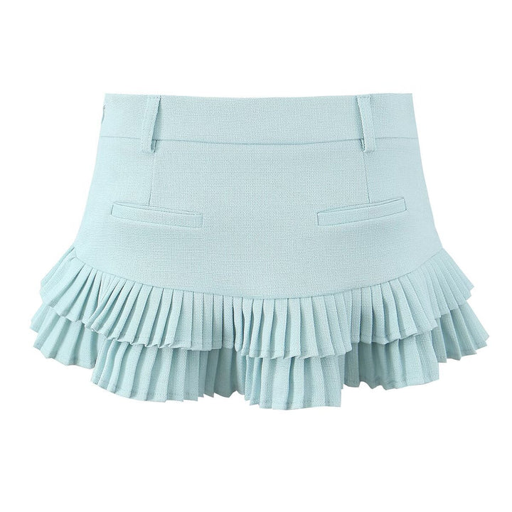 Striped short-sleeved shirt&low-waist pleated skirt