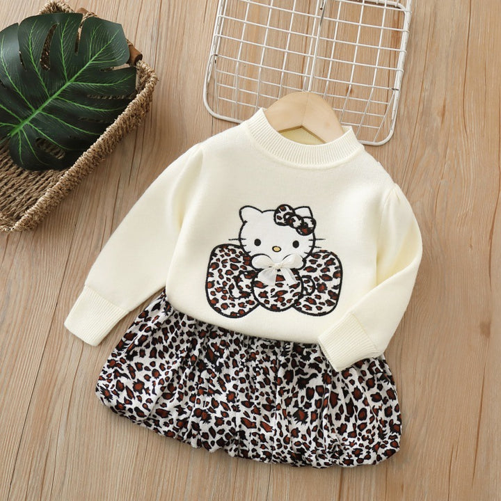 Kitty pattern knitted sweater&leopard skirt 2pcs set