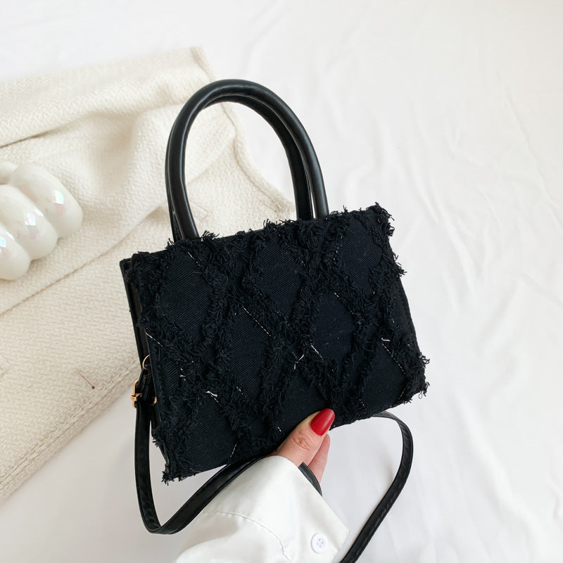 Retro denim diamond pattern tassel shoulder bag crossbody bag