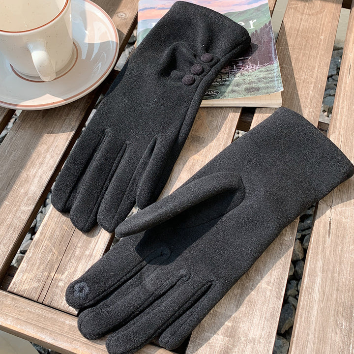 Solid color button design warm fleece lined gloves