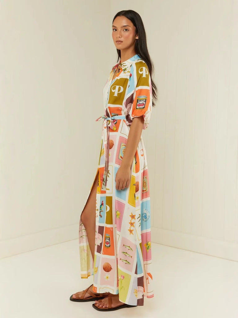 Floral-Print Linen Loose Lace-Up Maxi Swing Dress