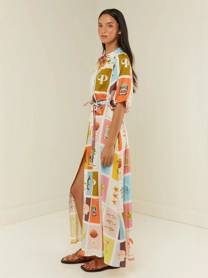 Floral-Print Linen Loose Lace-Up Maxi Swing Dress