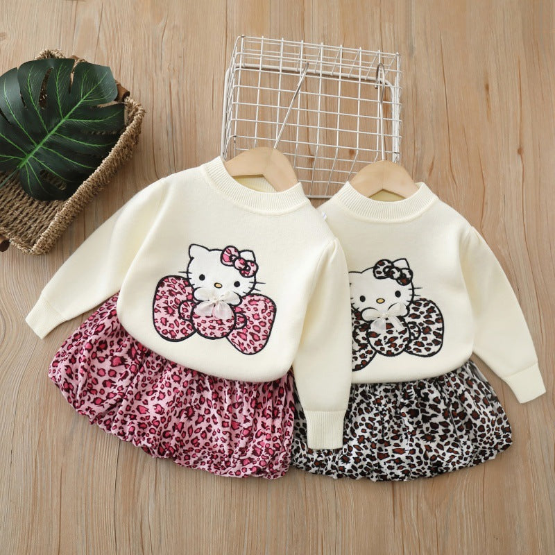 Kitty pattern knitted sweater&leopard skirt 2pcs set