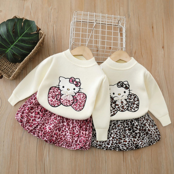 Kitty pattern knitted sweater&leopard skirt 2pcs set