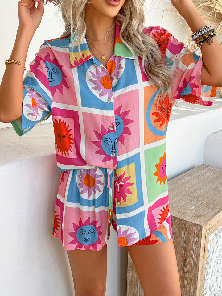 Boho Printed Button Top&short Set for summer vacation