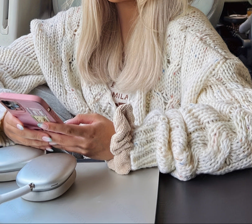 Colorful dots cable knitted sweater cardigan