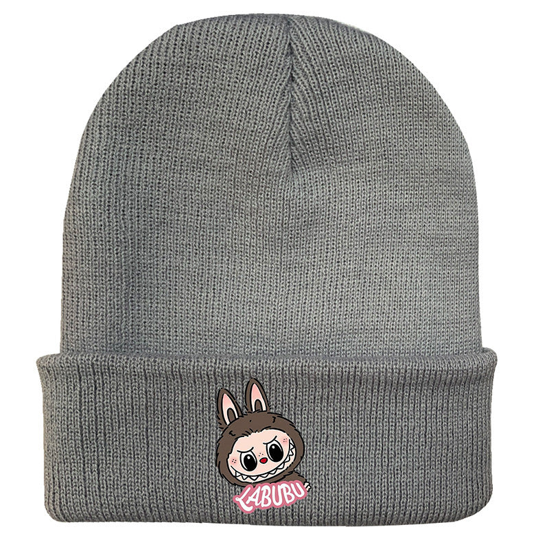 Cute monster printed knitted beanie hat-gray