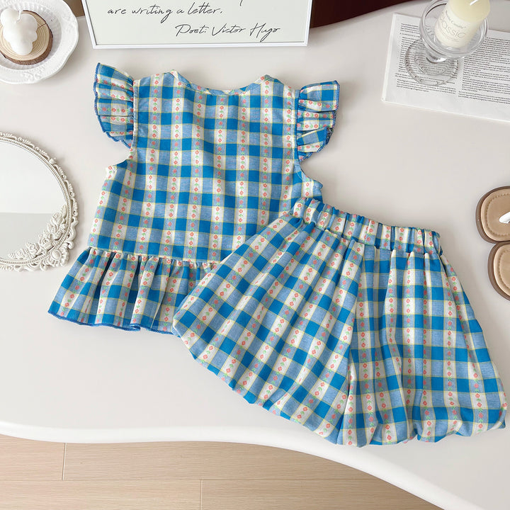 Girls blue plaid floral ruffle short set sisters outfit