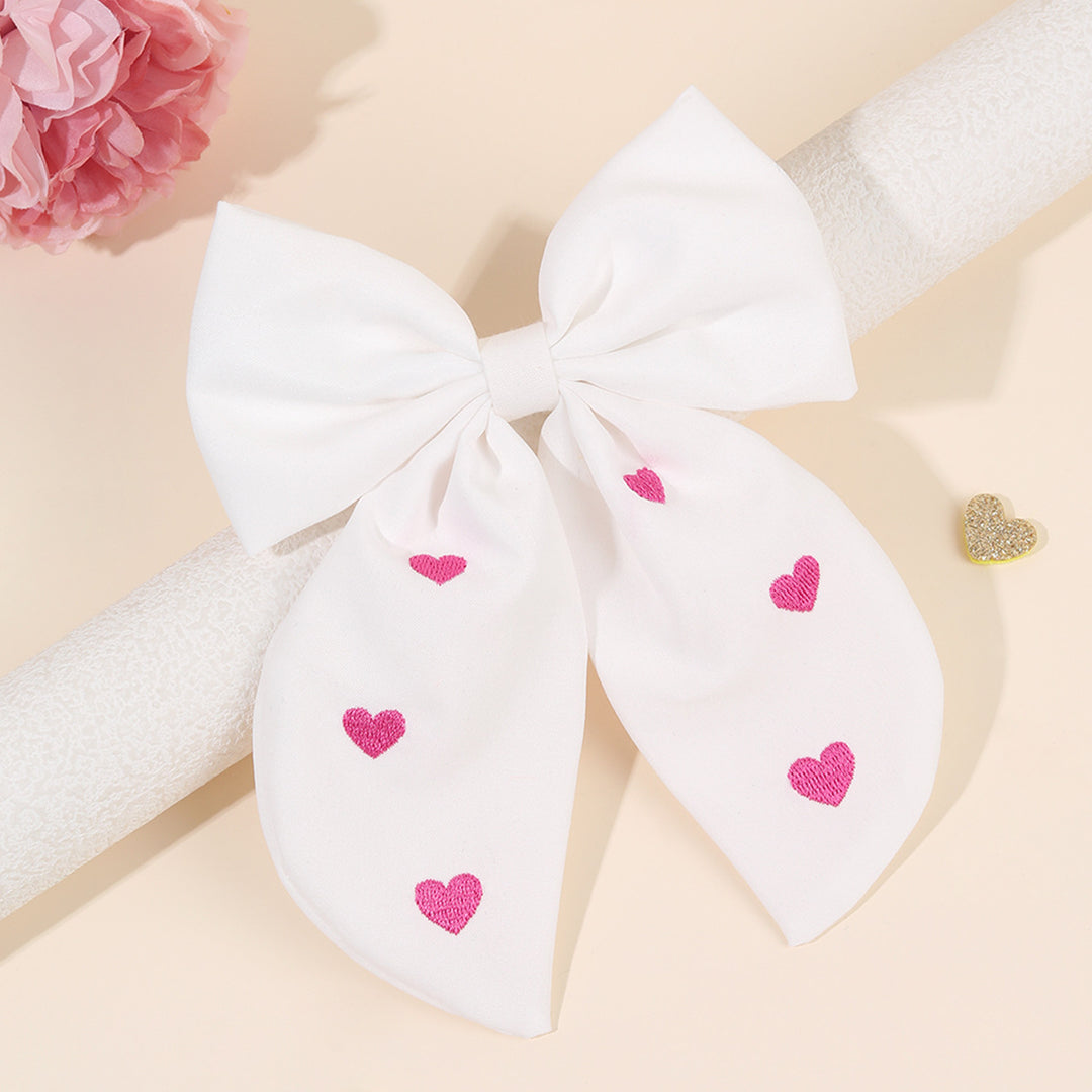Valentine's Day Pink heart embroidered bow hair clip