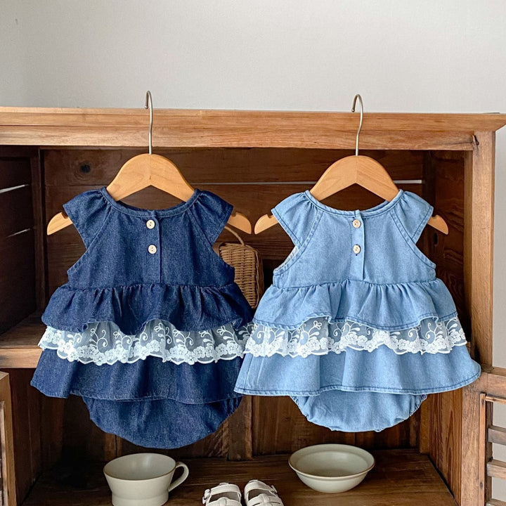 Baby denim lace splicing top&bubble short 2pcs set