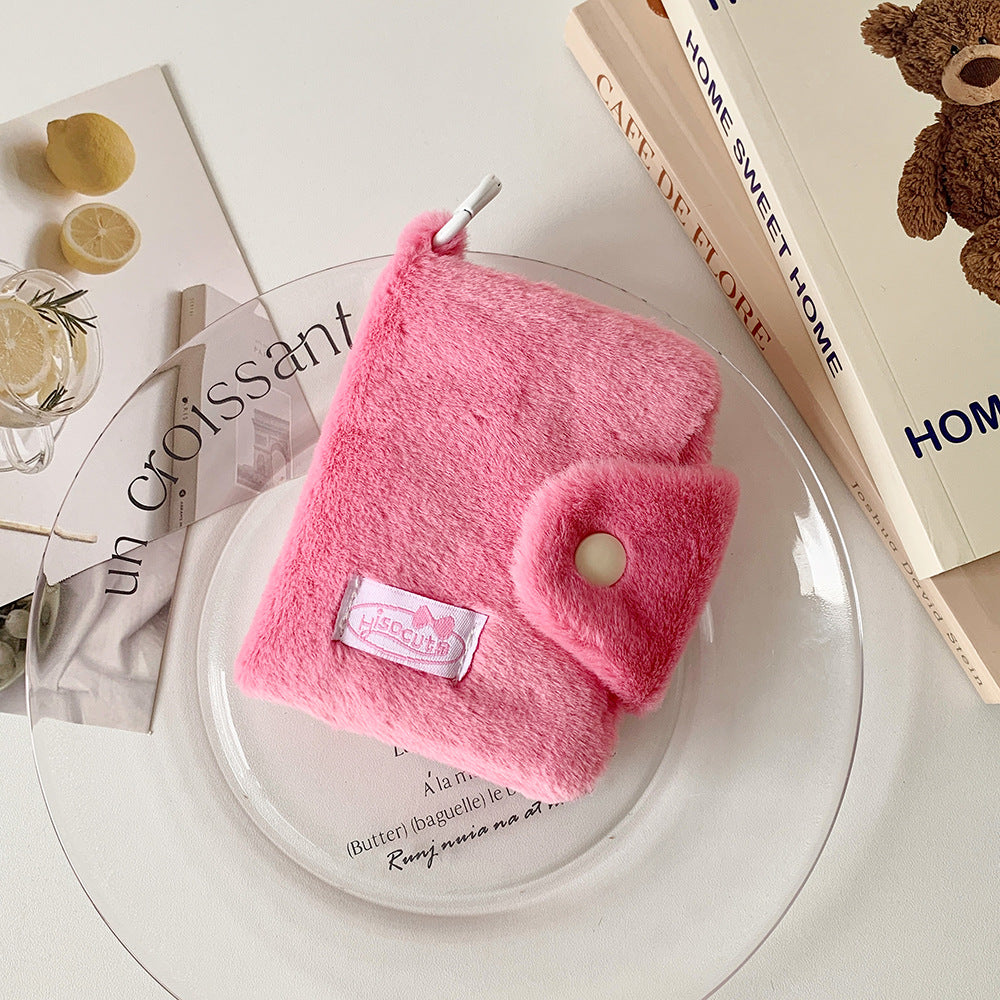 Fluffy solid color snap clasp card holder mini wallet earphone bag