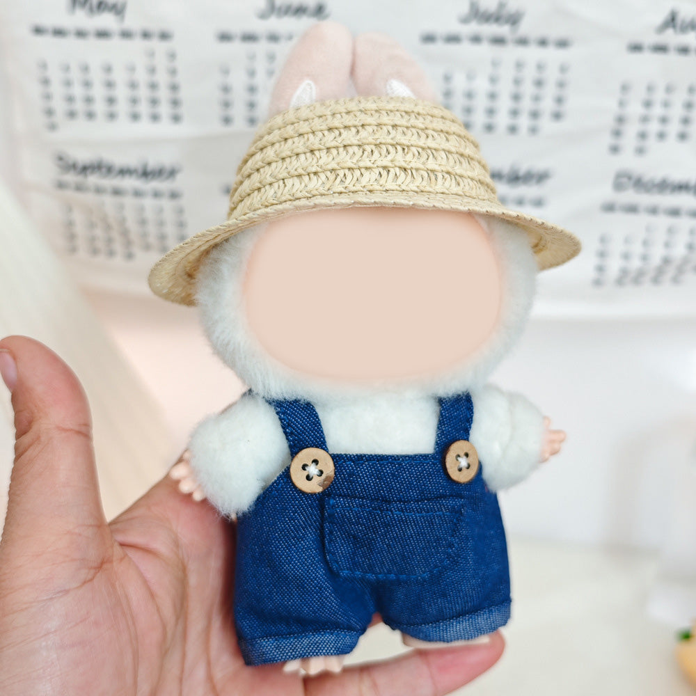 Labubu cute Straw hat&denim overalls set dolls clothes