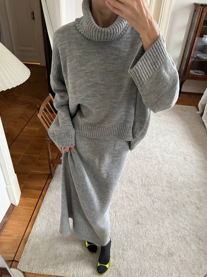 Women's Turtleneck Warm Knitted sweater&skirt 2PCS set