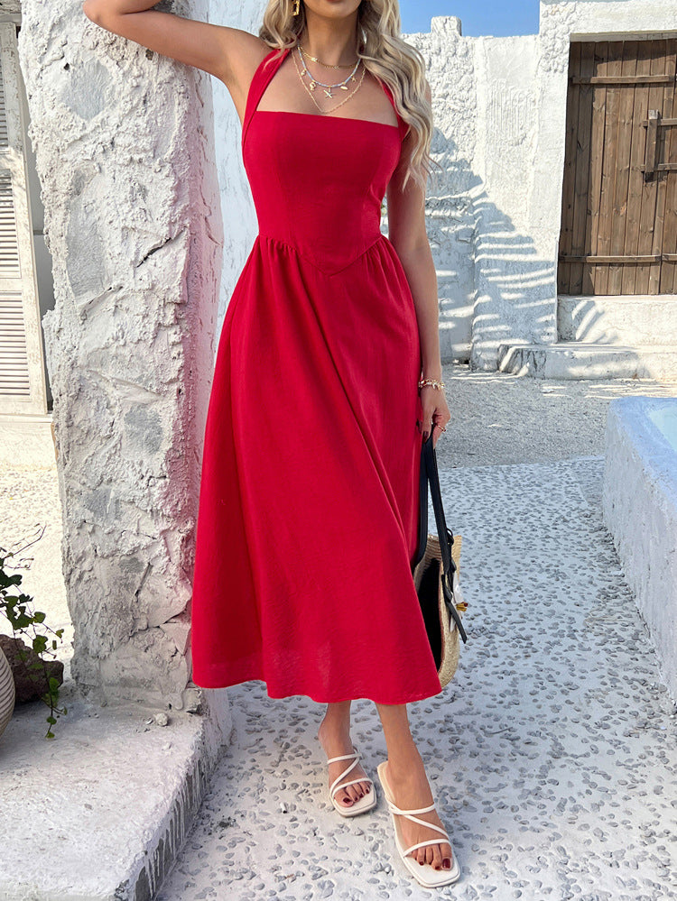 Solid color high waist sleeveless halter neck dress for women
