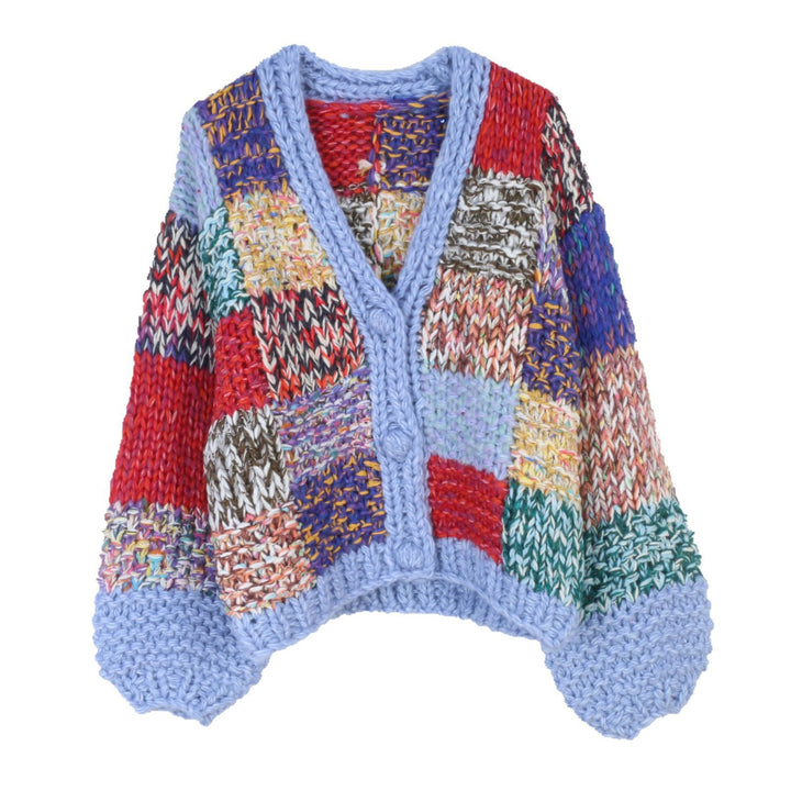 Loose color patchwork V-neck knitted sweater cardigan