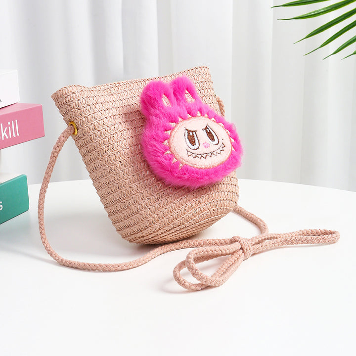 Cartoon cute monster Handmade Woven Straw Crossbody Bag