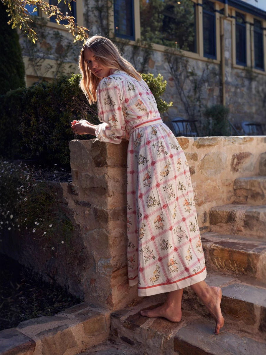 Pink Floral Linen Waist Tie Dress