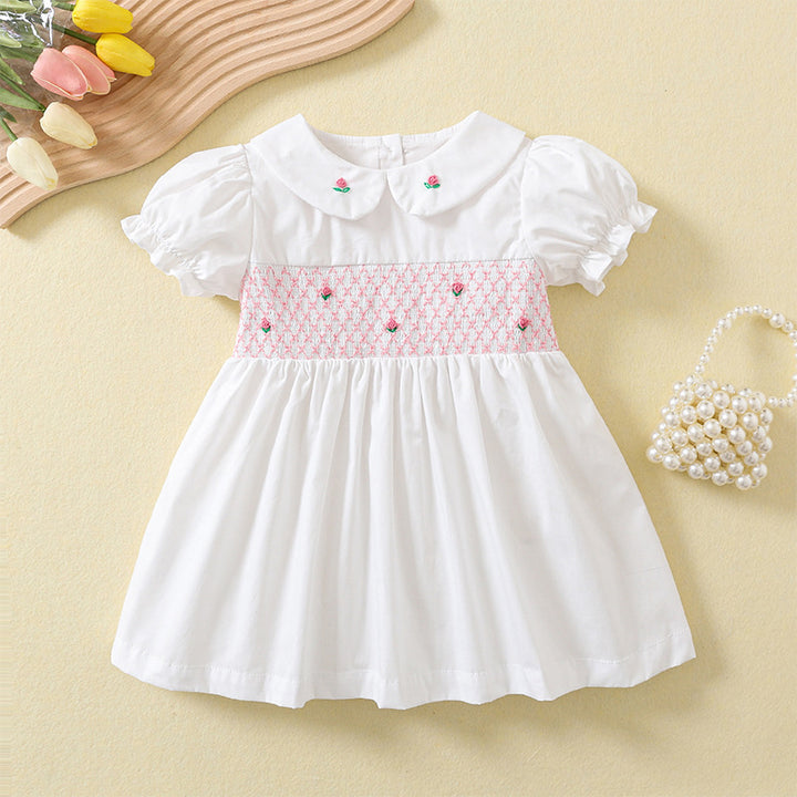 Rose embroidery white smocked princess dress