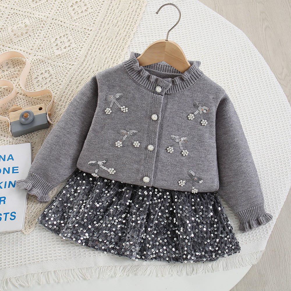 Sequin embroidery bow knitted cardigan sweater&skirt 2pcs set