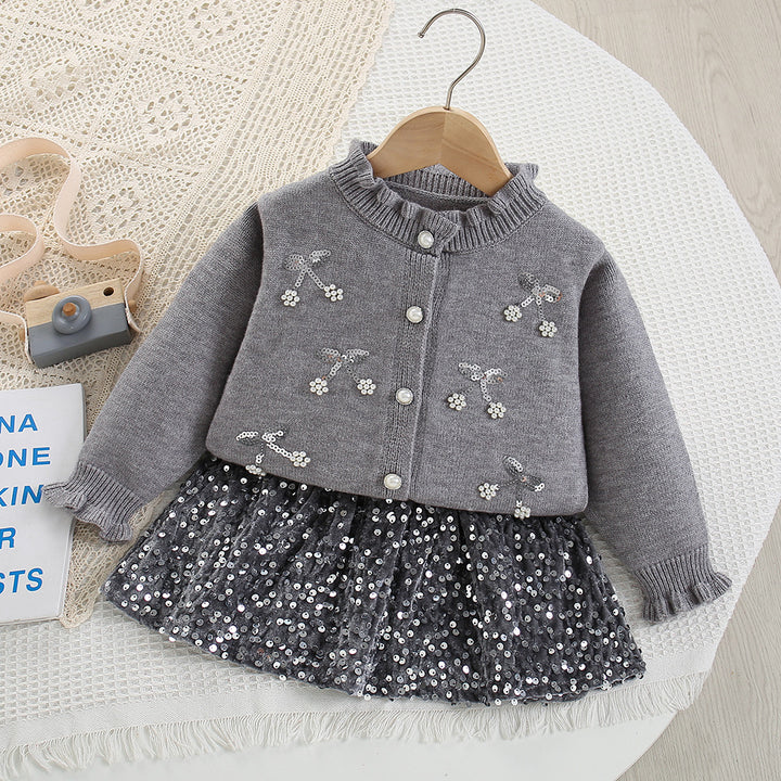 Sequin embroidery bow knitted cardigan sweater&skirt 2pcs set