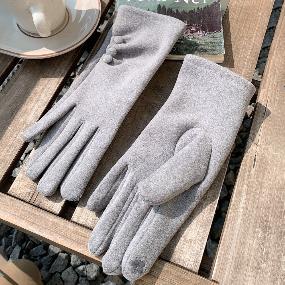 Solid color button design warm fleece lined gloves