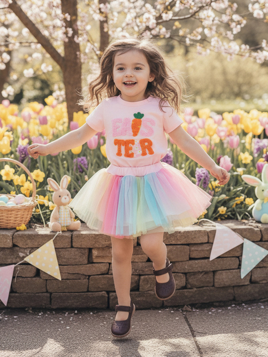 Easter Chenille Embroidery T-shirt&rainbow mesh skirt set