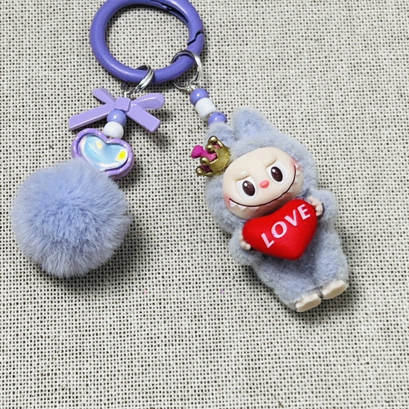 Holding love heart Flocked labubu keychain bag pendant