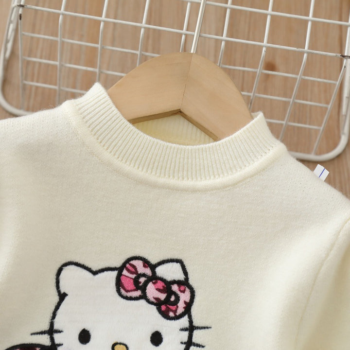 Kitty pattern knitted sweater&leopard skirt 2pcs set