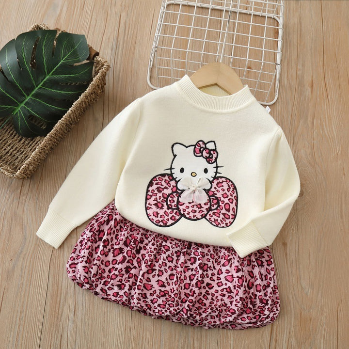 Kitty pattern knitted sweater&leopard skirt 2pcs set