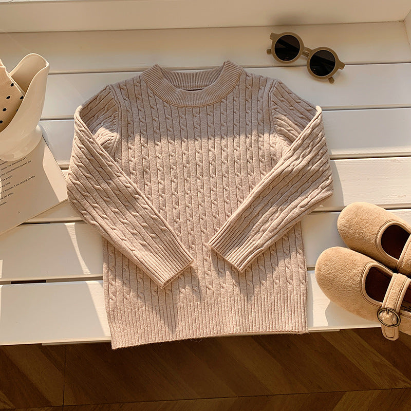 Children's solid color twist round neck knitted sweater