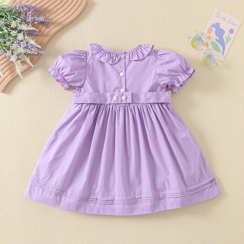 Birthday embroidery lotus leaf collar purple dress with puff sleeves