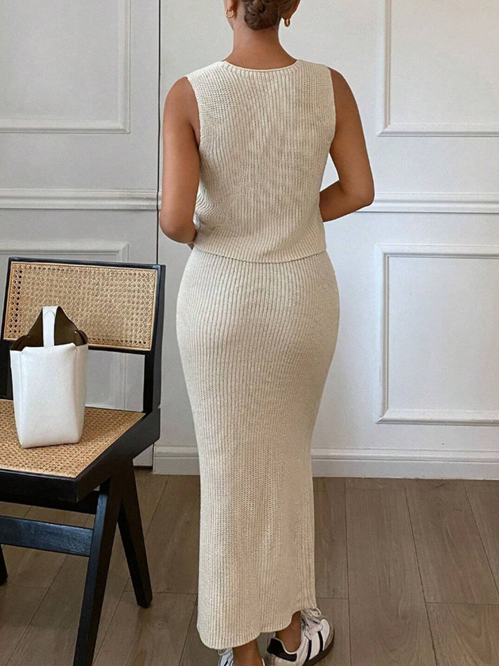 3D flower knitted sleeveless vest top&slim skirt set