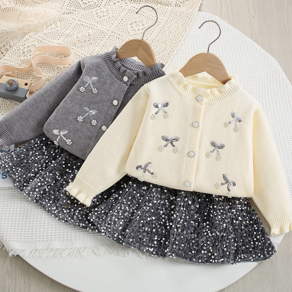 Sequin embroidery bow knitted cardigan sweater&skirt 2pcs set