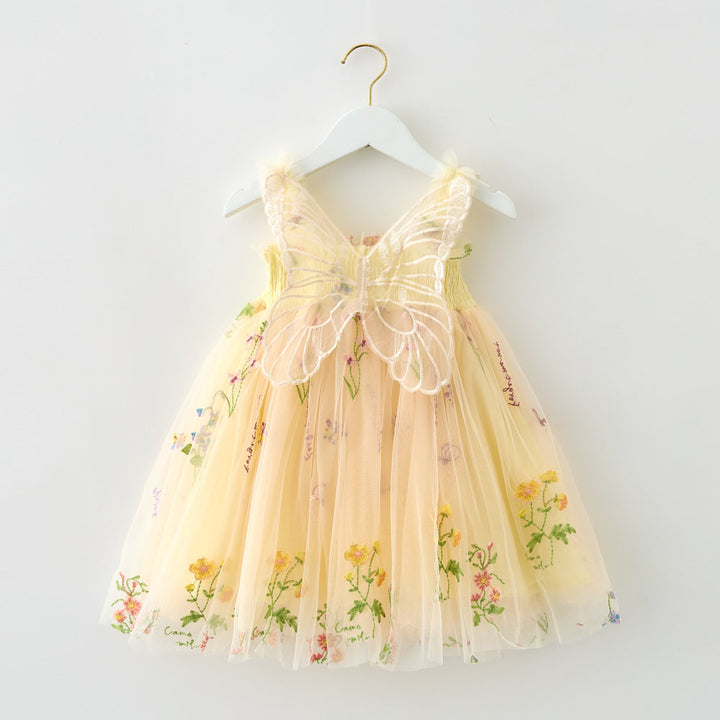Girls floral embroidery mesh tutu dress with butterfly wings
