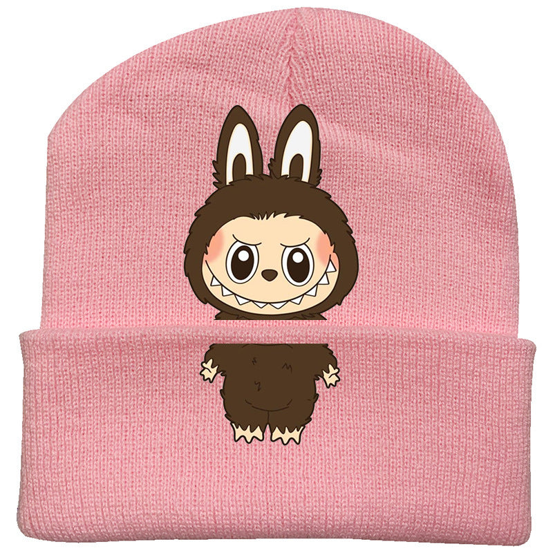 Cute monster printed knitted beanie hat-pink