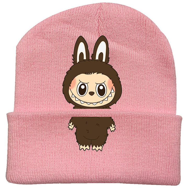 Cute monster printed knitted beanie hat-pink