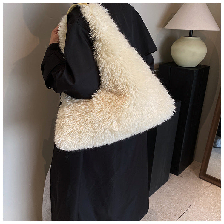 Large capacity plush bag solid color furry shoulder bag