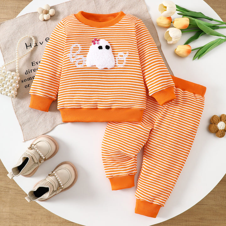 Boo Halloween Towel embroidery striped sweatshirt set