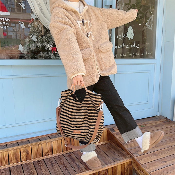 Striped plush large capacity shoulder tote bag