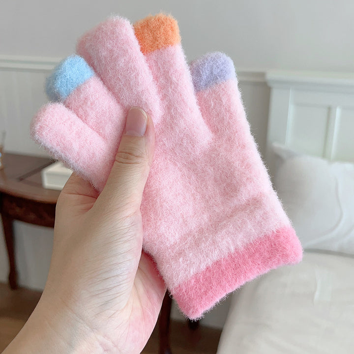 Colorful macaron warm gloves students five fingers gloves