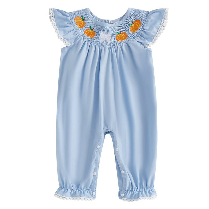 Halloween Pumpkin Embroidery Fly Sleeve smocked Romper