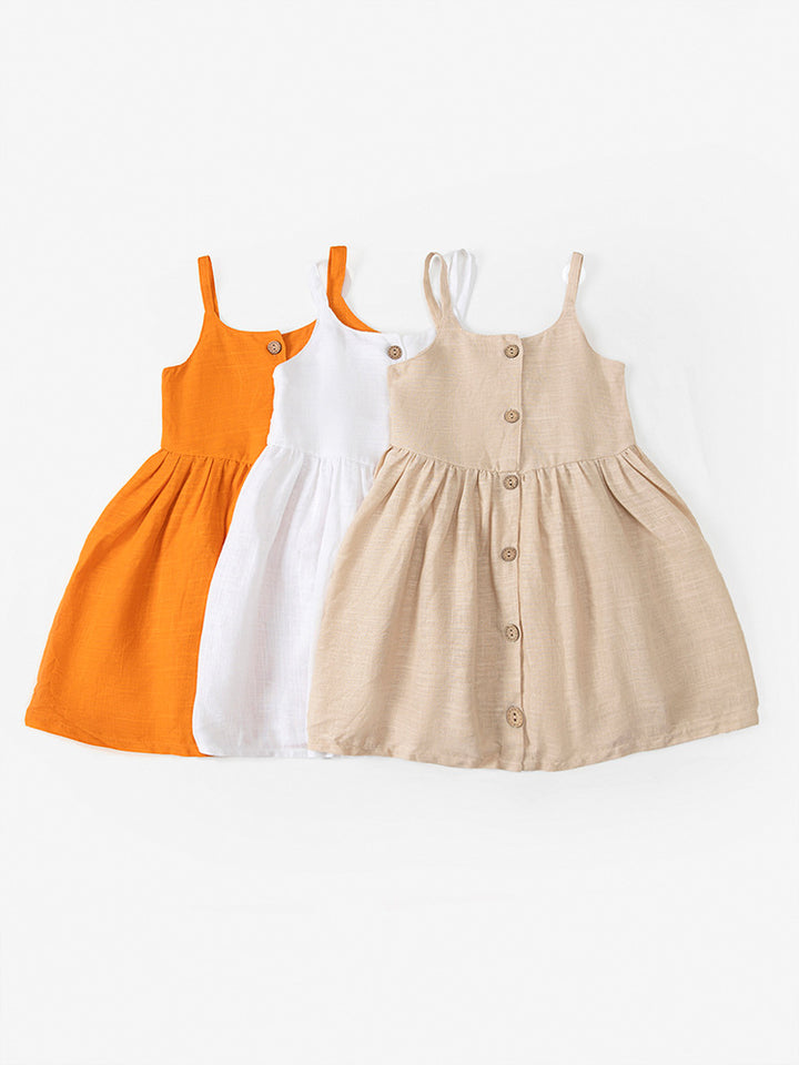 Girls summer cotton and linen button suspender dress