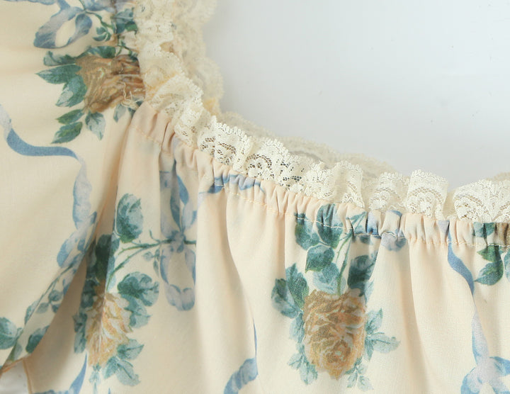 Retro oil painting floral bow tie lace princess dress