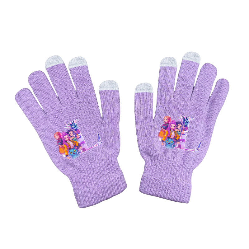 KPOP demon hunters Initials knitted purple gloves
